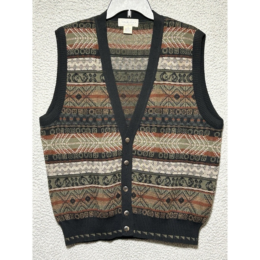 Vintage Murano Sweater Vest Men Med Geometric Fair Isle Wool Blend Made In Italy